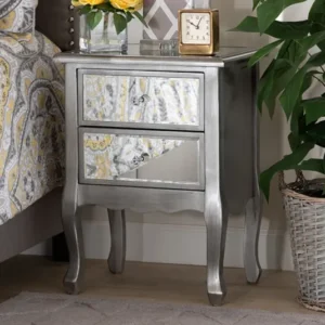 Baxton Studio Leonie Modern Transitional French Brushed Silver Finished Wood and Mirrored Glass 2-Drawer Nightstand | Modishstore | Nightstands