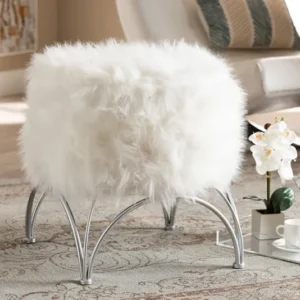 Baxton Studio Celia Modern and Contemporary White Faux Fur Upholstered Silver Metal Ottoman | Modishstore | Ottomans