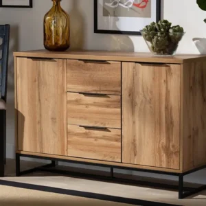 Baxton Studio Reid Modern and Contemporary Industrial Oak Finished Wood and Black Metal 3-Drawer Sideboard Buffet | Modishstore | Sideboards