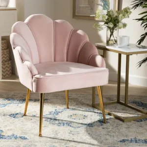 Baxton Studio Cinzia Glam and Luxe Light Pink Velvet Fabric Upholstered Gold Finished Seashell Shaped Accent Chair | Modishstore | Accent Chairs