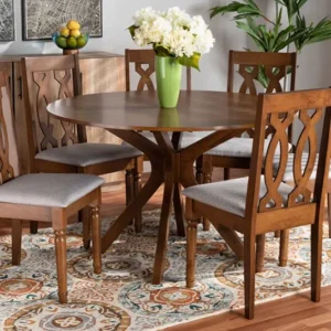 Baxton Studio Callie Modern and Contemporary Grey Fabric Upholstered and Walnut Brown Finished Wood 7-Piece Dining Set | Dining Sets | Modishstore