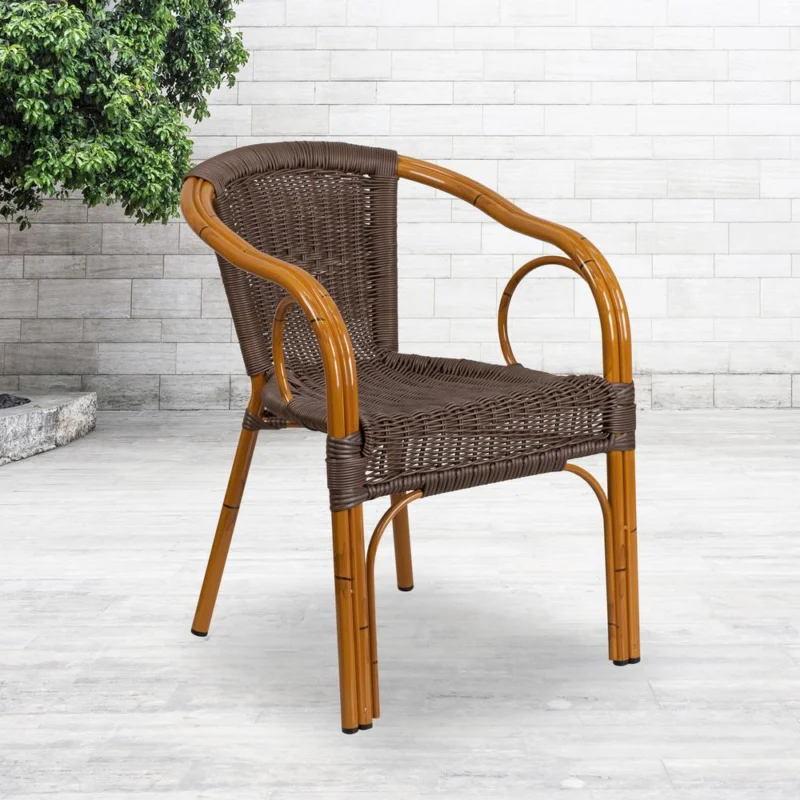 Cadiz Series Dark Brown Rattan Restaurant Patio Chair With Red Bamboo-Aluminum Frame By Flash Furniture | Dining Chairs | Modishstore - 1