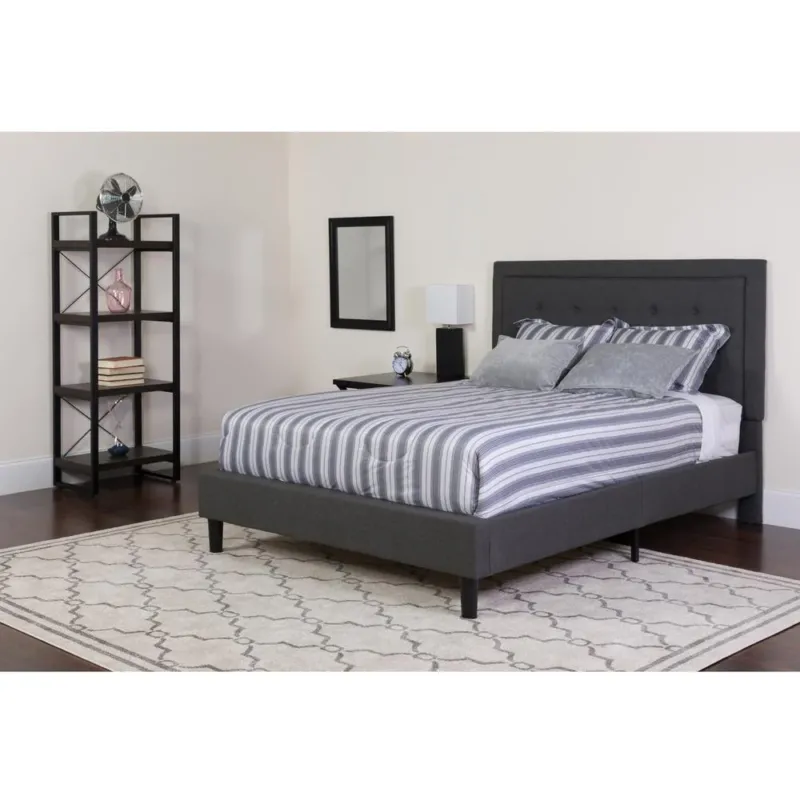 Roxbury Queen Size Tufted Upholstered Platform Bed In Dark Gray Fabric With Memory Foam Mattress By Flash Furniture | Beds | Modishstore - 1