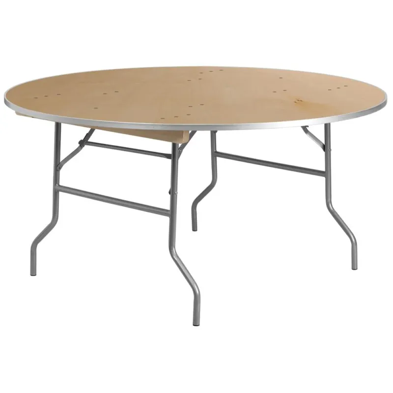 5-Foot Round Heavy Duty Birchwood Folding Banquet Table With Metal Edges By Flash Furniture | Side Tables | Modishstore - 1