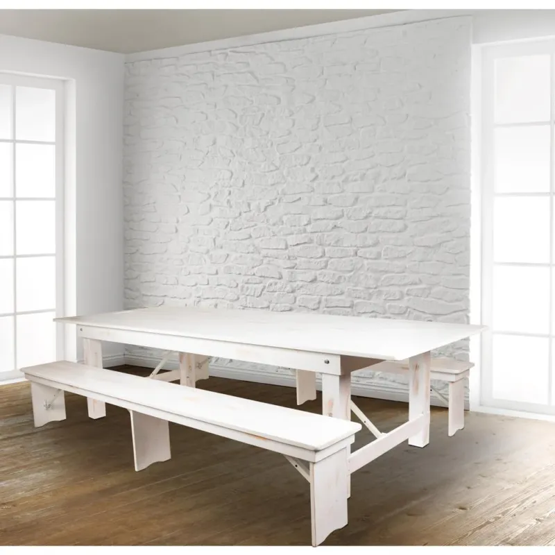 Hercules Series 9' X 40" Antique Rustic White Folding Farm Table And Two Bench Set By Flash Furniture | Dining Sets | Modishstore - 1