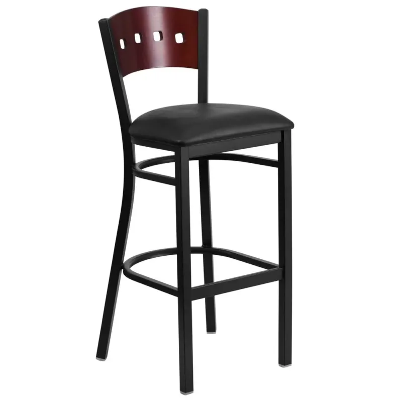 Hercules Series Black 4 Square Back Metal Restaurant Barstool - Mahogany Wood Back, Black Vinyl Seat By Flash Furniture | Bar Stools | Modishstore - 1
