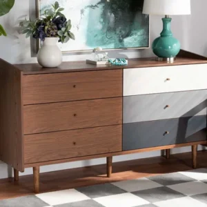 Baxton Studio Halden Mid-Century Modern Multicolor Walnut Brown and Grey Gradient Finished Wood 6-Drawer Dresser | Modishstore | Drawers