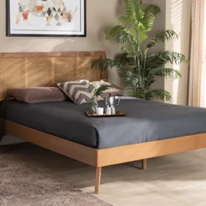 Baxton Studio Asami Mid-Century Modern Walnut Brown Finished Wood and Synthetic Rattan Full Size Platform Bed | Beds | Modishstore