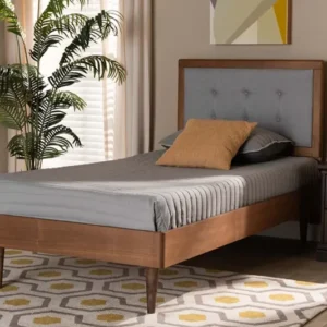 Baxton Studio Greta Mid-Century Modern Light Grey Fabric Upholstered and Walnut Brown Finished Wood Twin Size Platform Bed | Beds | Modishstore