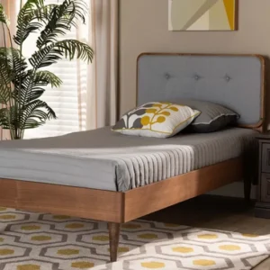 Baxton Studio Cilka Mid-Century Modern Light Grey Fabric Upholstered and Ash Walnut Finished Wood Twin Size Platform Bed | Beds | Modishstore