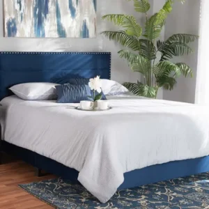 Baxton Studio Tamira Modern and Contemporary Glam Navy Blue Velvet Fabric Upholstered Full Size Panel Bed | Modishstore | Beds