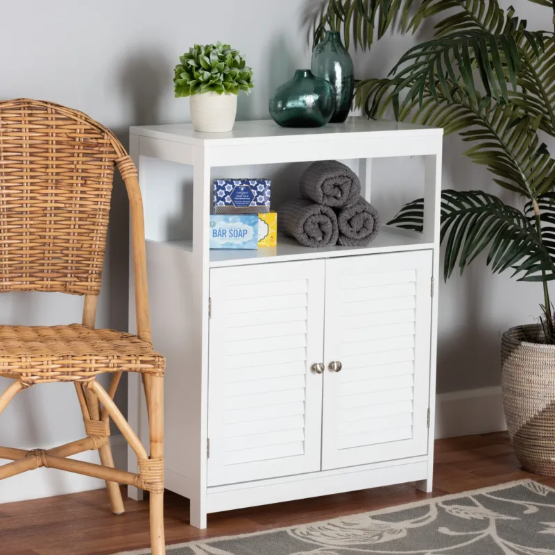 Baxton Studio Rivera Modern and Contemporary White Finished Wood and Silver Metal 2-Door Bathroom Storage Cabinet | Bathroom Accessories | Modishstore