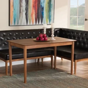 Baxton Studio Riordan Mid-Century Modern Dark Brown Faux Leather Upholstered and Walnut Brown Finished Wood 3-Piece Dining Nook Set | Modishstore | Dining Sets