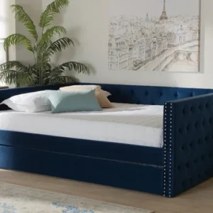 Baxton Studio Larkin Modern and Contemporary Navy Blue Velvet Fabric Upholstered Full Size Daybed with Trundle | Modishstore | Beds