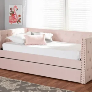 Baxton Studio Larkin Modern and Contemporary Pink Velvet Fabric Upholstered Twin Size Daybed with Trundle | Modishstore | Beds