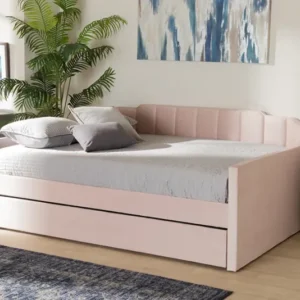 Baxton Studio Lennon Modern and Contemporary Pink Velvet Fabric Upholstered Queen Size Daybed with Trundle | Modishstore | Beds
