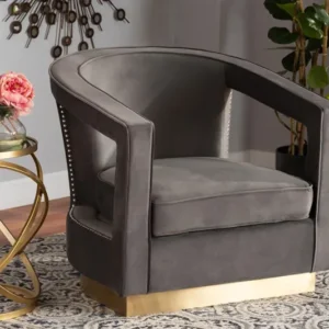 Baxton Studio Neville Modern Luxe and Glam Grey Velvet Fabric Upholstered and Gold Finished Metal Armchair | Armchairs | Modishstore