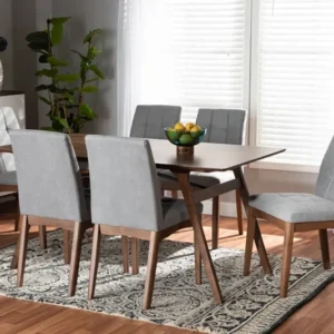 Baxton Studio Tara Mid-Century Modern Light Grey Fabric Upholstered and Walnut Brown Finished Wood 7-Piece Dining Set | Dining Sets | Modishstore