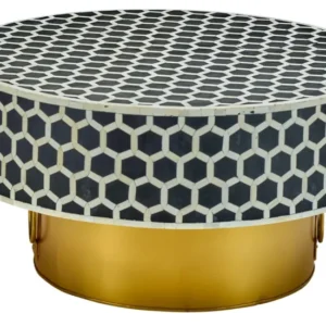 Inlaid Bone and Gold Metal Round Coffee Table 34 Inch Diameter. | | Modishstore - 1
