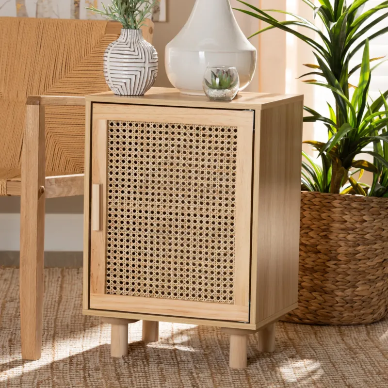 Baxton Studio Maclean Mid-Century Modern Rattan and Natural Brown Finished Wood 1-Door End Table | Cabinets | Modishstore