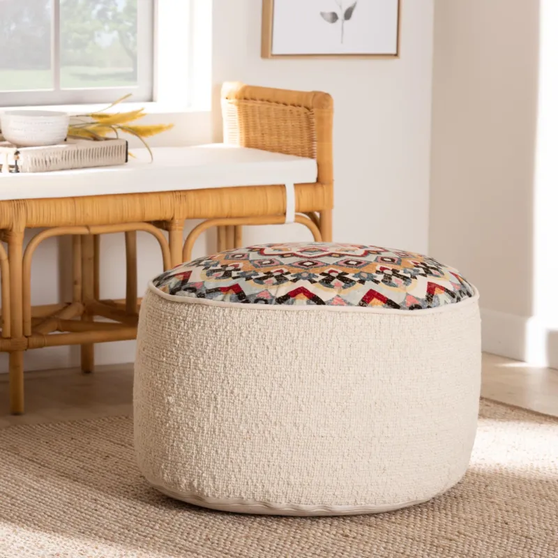 Baxton Studio Durrus Vintage Cream and Multicolor Fabric Ottoman Pouf | Ottomans | Modishstore