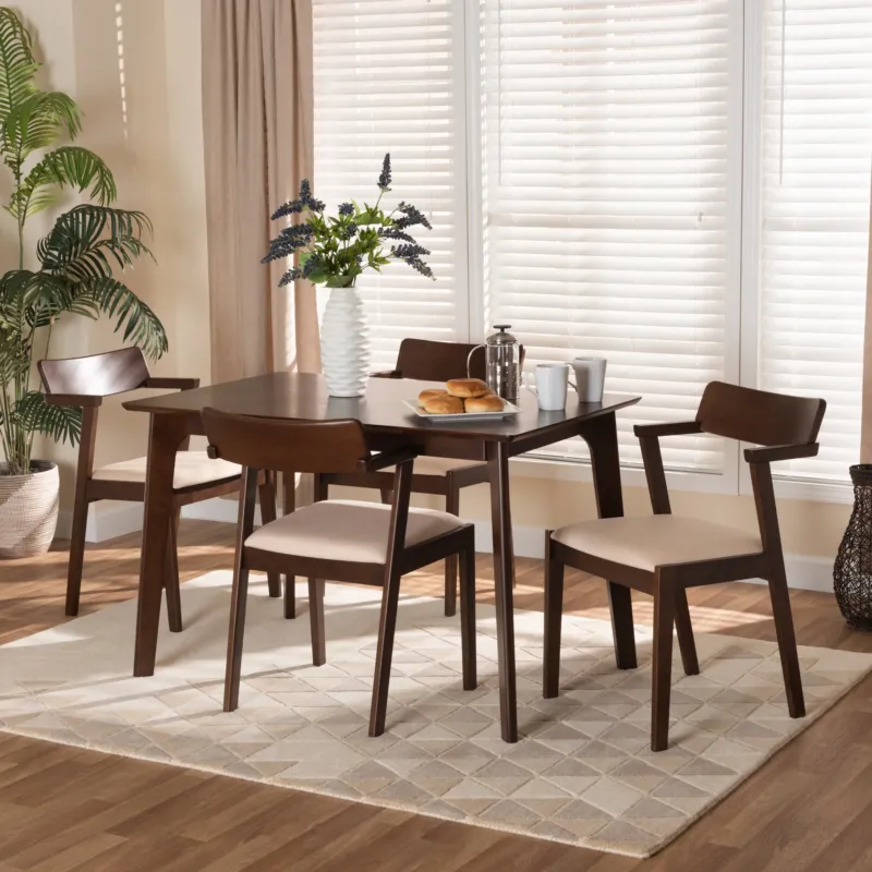 Baxton Studio Berenice Mid-Century Modern Transitional Cream Fabric And Dark Brown Finished Wood 5-Piece Dining Set | Dining Sets | Modishstore
