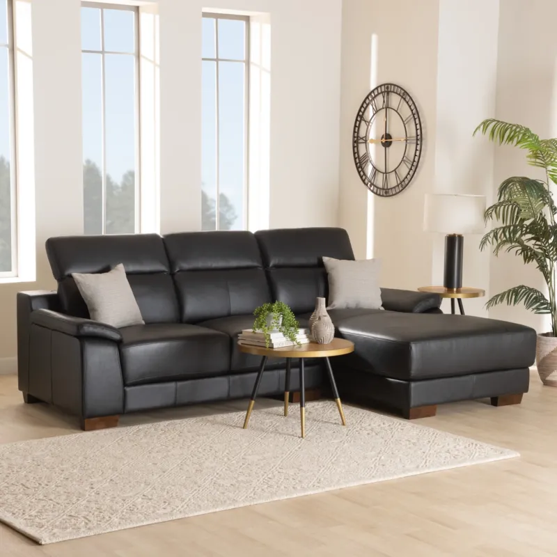 Baxton Studio Reverie Modern Black Full Leather Sectional Sofa with Right Facing Chaise | Sectional | Modishstore