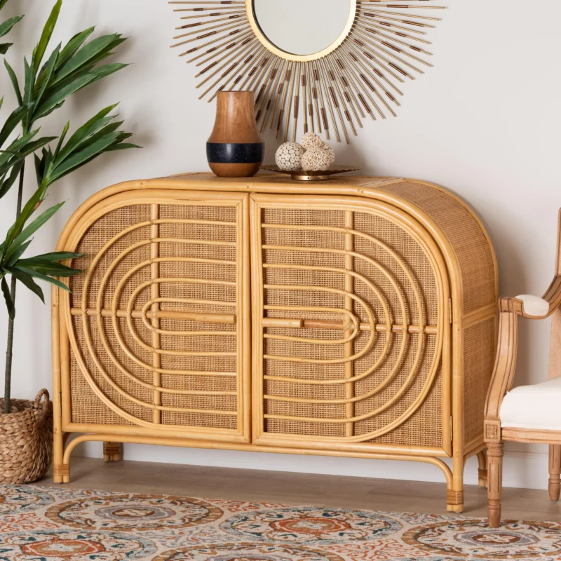 Baxton Studio bali & pari Ovalet Modern Bohemian Natural Brown Rattan 2-Door Sideboard | Cabinets | Modishstore