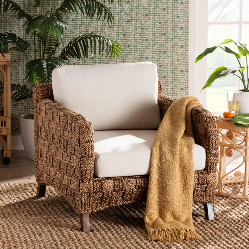 Baxton Studio bali & pari Vevina Modern Bohemian Dark Brown Mahogany Wood and Woven Seagrass Arm Chair | Accent Chairs | Modishstore