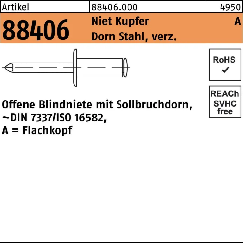 FLAKO Blindniete R 88406 3x4 mm Kupfer/Stahl verzinkt 500 Stück