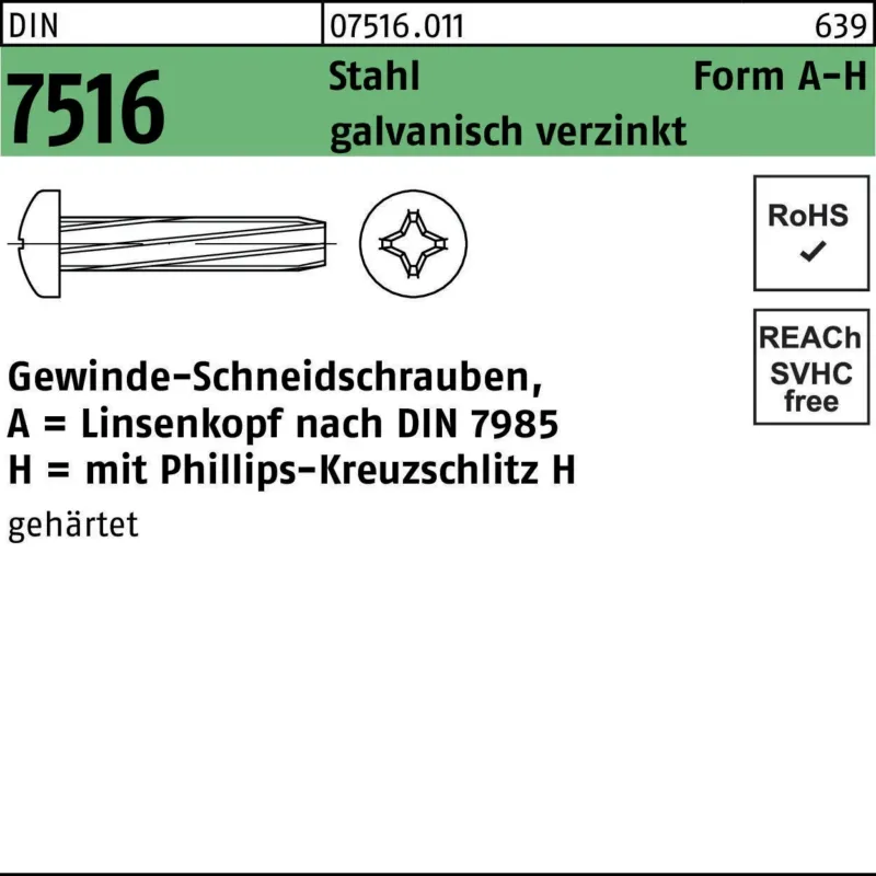 F. REYHER Nchfg. Gewindeschneidschraube DIN 7516 LIKO PH AM 3x6-H Stahl verzinkt 2000 Stück
