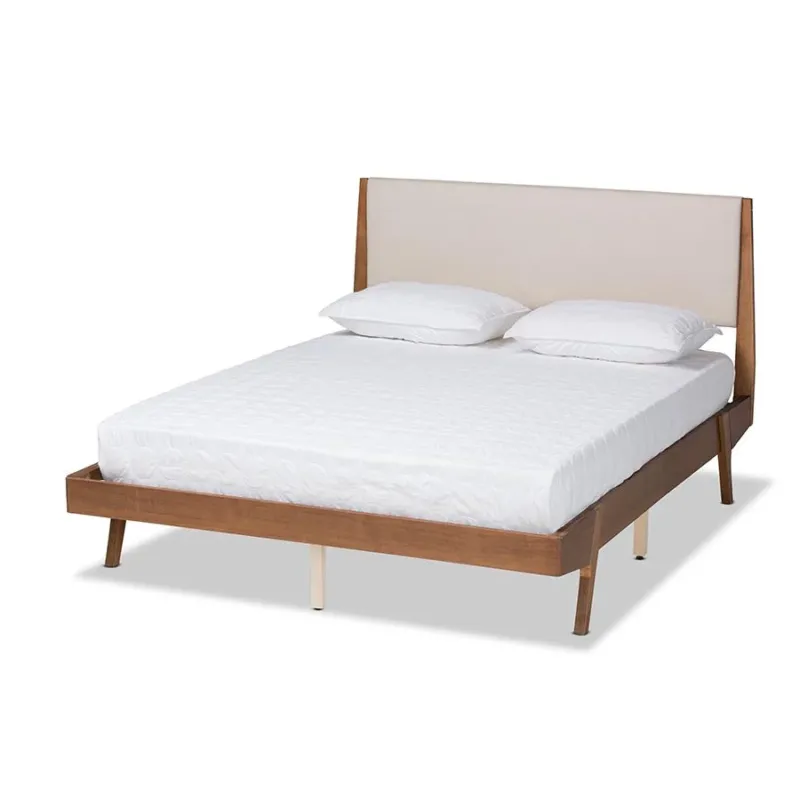Baxton Studio Senna Mid-Century Modern Beige Fabric Upholstered and Walnut Brown Finished Wood Full Size Platform Bed | Beds | Modishstore