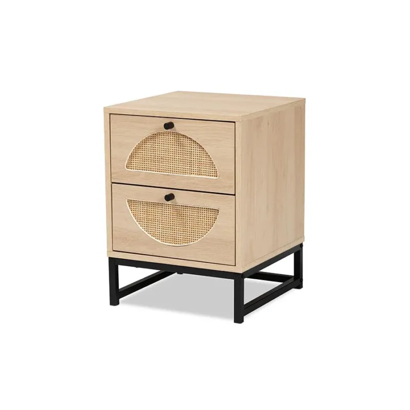 Baxton Studio Ardon Bohemian Light Brown Finished Wood and Black Metal 1-Drawer Nightstand with Natural Rattan | Nightstands | Modishstore