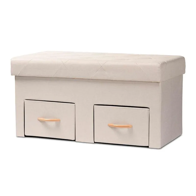 Baxton Studio Gerwin Modern and Contemporary Beige Fabric Upholstered and Oak Brown Finished Wood 2-Drawer Storage Ottoman | Ottomans | Modishstore