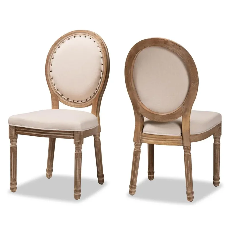 Baxton Studio Louis Traditional French Inspired Beige Fabric Upholstered and Antique Brown Finished Wood 2-Piece Dining Chair Set | Dining Chairs | Modishstore