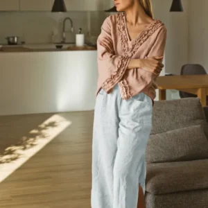 Pantalon évasé en lin Gris Minéral