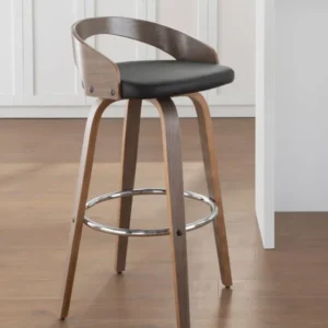 Grotto 30" Mid-Century Modern Fixed Height Barstool with Swivel in Light Grey Wood and Black Faux Leather By LumiSource - Set of 2 | Bar Stools | Modishstore