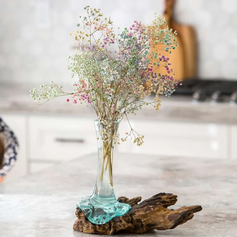 Blown Glass Flower Vase on Chinaberry Wood Set of 4 By Garden Age Supply | Vases | Modishstore - 1