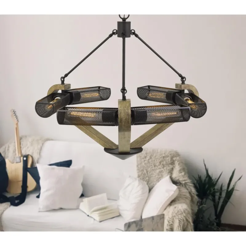60W X 6 Baden Metal/Wood Chandelier With Mesh Shades (Edison Bulbs Are Not Included) By Cal Lighting | Chandeliers | Moidshstore