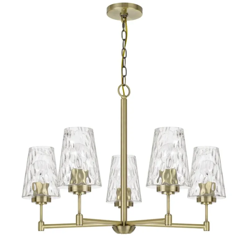 60W X 5 Crestwood Metal Chandelier With Textured Glass Shades, Antique Brass By Cal Lighting | Chandeliers | Moidshstore