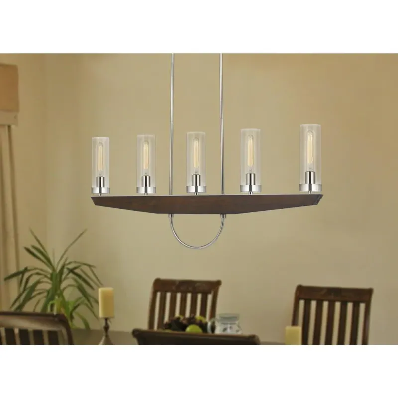 60W X 5 Ercolano Pine Wood/Metal Island Chandelier With Clear Glass Shade (Edison Bulbs Not Included), Wood/Brushed Steel By Cal Lighting | Chandeliers | Moidshstore