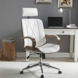 White Leatherette And Walnut Office Chair By Homeroots - 319082 | Office Chairs | Modishstore