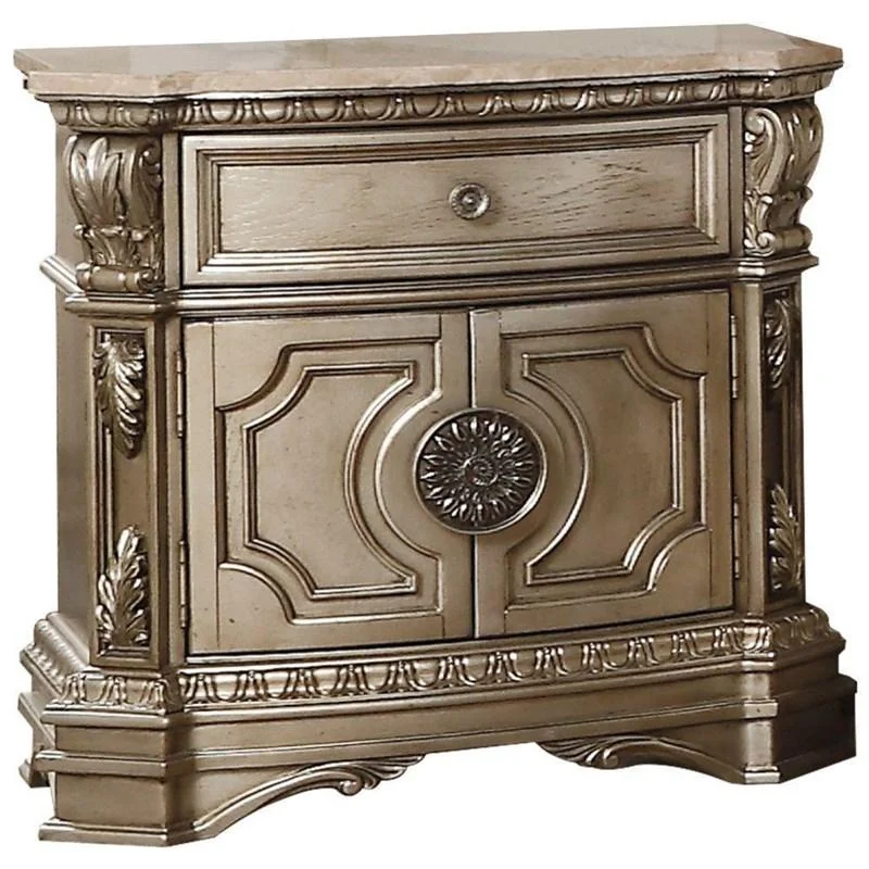 Antique Champagne Wood Poly Resin Nightstand Wmarble Top By Homeroots | Nightstands | Modishstore