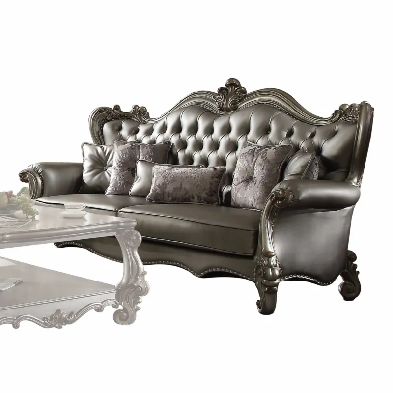 Silver PU Antique Platinum Upholstery Poly Resin Sofa w Pillows By Homeroots | Sofas | Modishstore