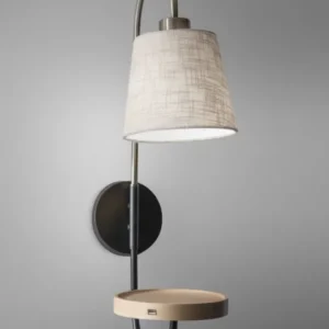 Antique Brass and Black Metal Wall Lamp with USB Charging Station Wood Shelf By Homeroots | Wall Lamps | Modishstore