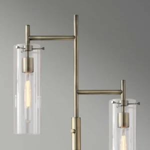 Two Light Modern Floor Lamp Clear Glass Cylinder Shade with Vintage Filament Bulb Antique Brass Metal Pole By Homeroots | Floor Lamps | Modishstore