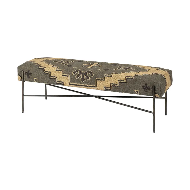 Rectangular MetalAntiqued-Nickel Toned Base W Upholstered Tan Pattered Seat Accent Bench By Homeroots | Benches | Modishstore