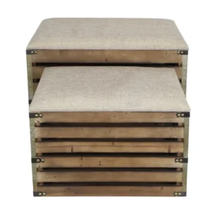 Set of 2 Rectangular Brown Linen Fabric and Wood Slats Storage Benches By Homeroots | Benches | Modishstore