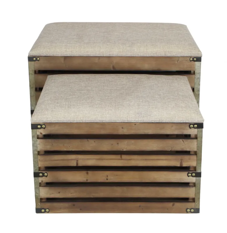 Set of 2 Rectangular Brown Linen Fabric and Wood Slats Storage Benches By Homeroots | Benches | Modishstore