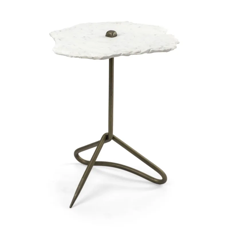 White Marble Top Accent Table with Triangluar Gold Iron Base By Homeroots | Accent Tables | Modishstore